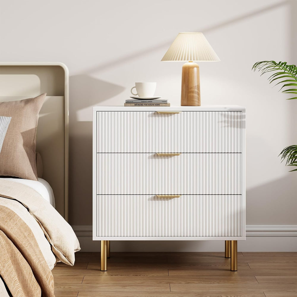 IDEALHOUSE Modern White 3 Drawer Dresser for Bedroom with Gold Handles
