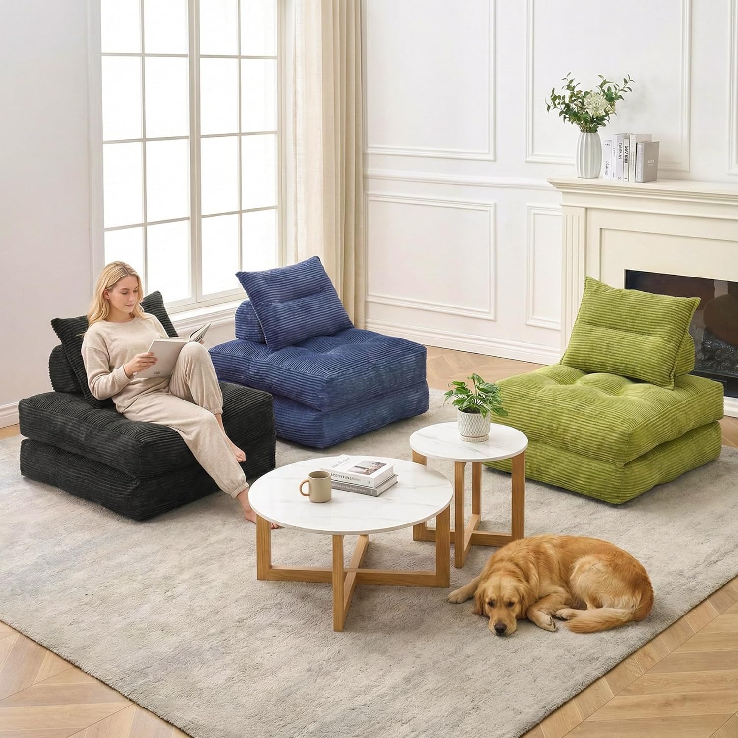 MONVANE Folding Sofa Bed, Fold Out Chair Bed with Pillow, Convertible Sleeper Chair for Living Room/Small Spaces, Foldable Lazy Sofa Bed Floor Chair, Comfy Corduroy Couch Bed, Black