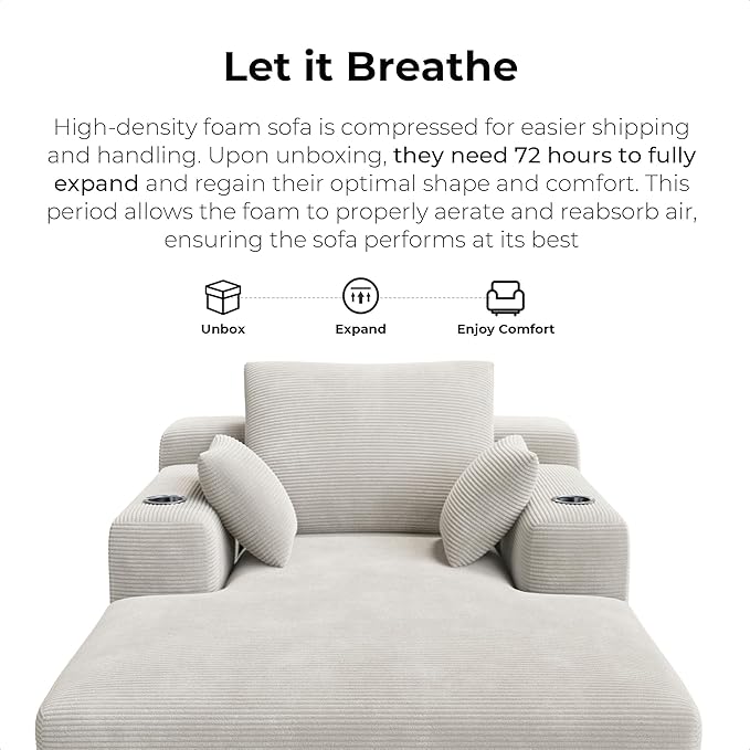 LIKIMIO 71.6" Oversized Chaise Lounge Chair Indoor with Cup Holders & Storage - Corduroy Sofa Bed for Living Room, Reading Nook, or Bedroom, No Assembly Cloud Couch (Greige)