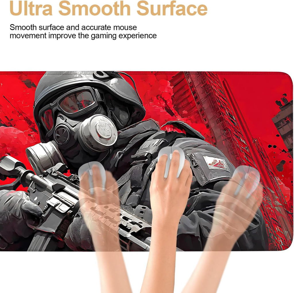 Large Extended Gaming Mouse Pad - Military Soldier Design, Soft Fabric Desk Mat with Non-Slip Rubber Base, Extra Long Mousepad for Gaming, Office, Keyboard & Mouse, 35.43 x 15.75 in