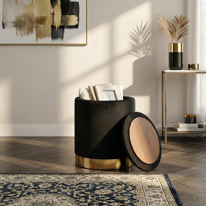 Joveco Round Velvet Storage Ottoman with Reversible Lid Tray & Gold Metal Legs, 17" Small Footrest Stool for Living Room, Bedroom & Dorm, Modern Accent Vanity Chair