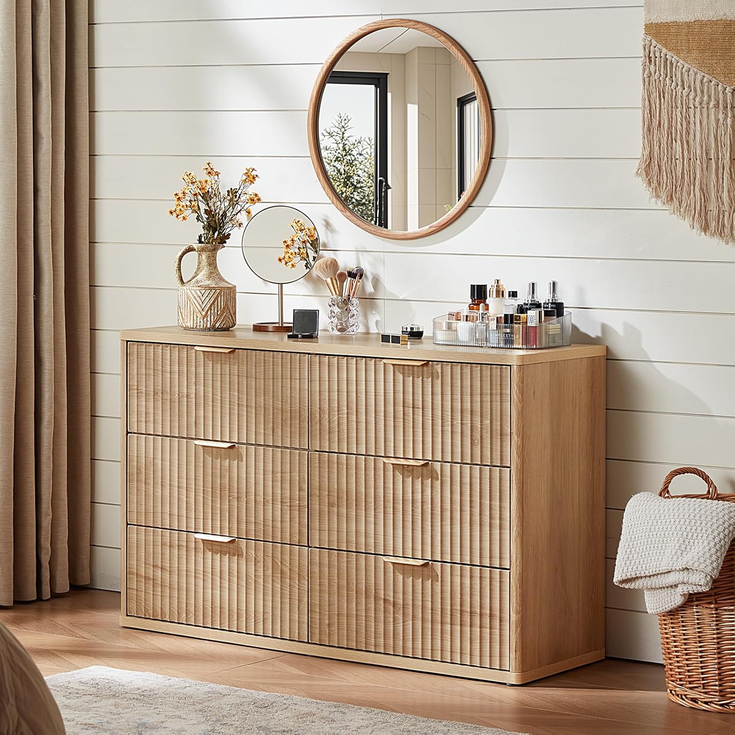 LEYAOYAO Fluted 6 Drawers Dresser, 48" Wide Modern Chest of Drawers with Wood Grain Top, Curved Profile Design, Dresser TV Stand, Wood Drawer Organizer for Bedroom, Living Room, Hallway,Natural