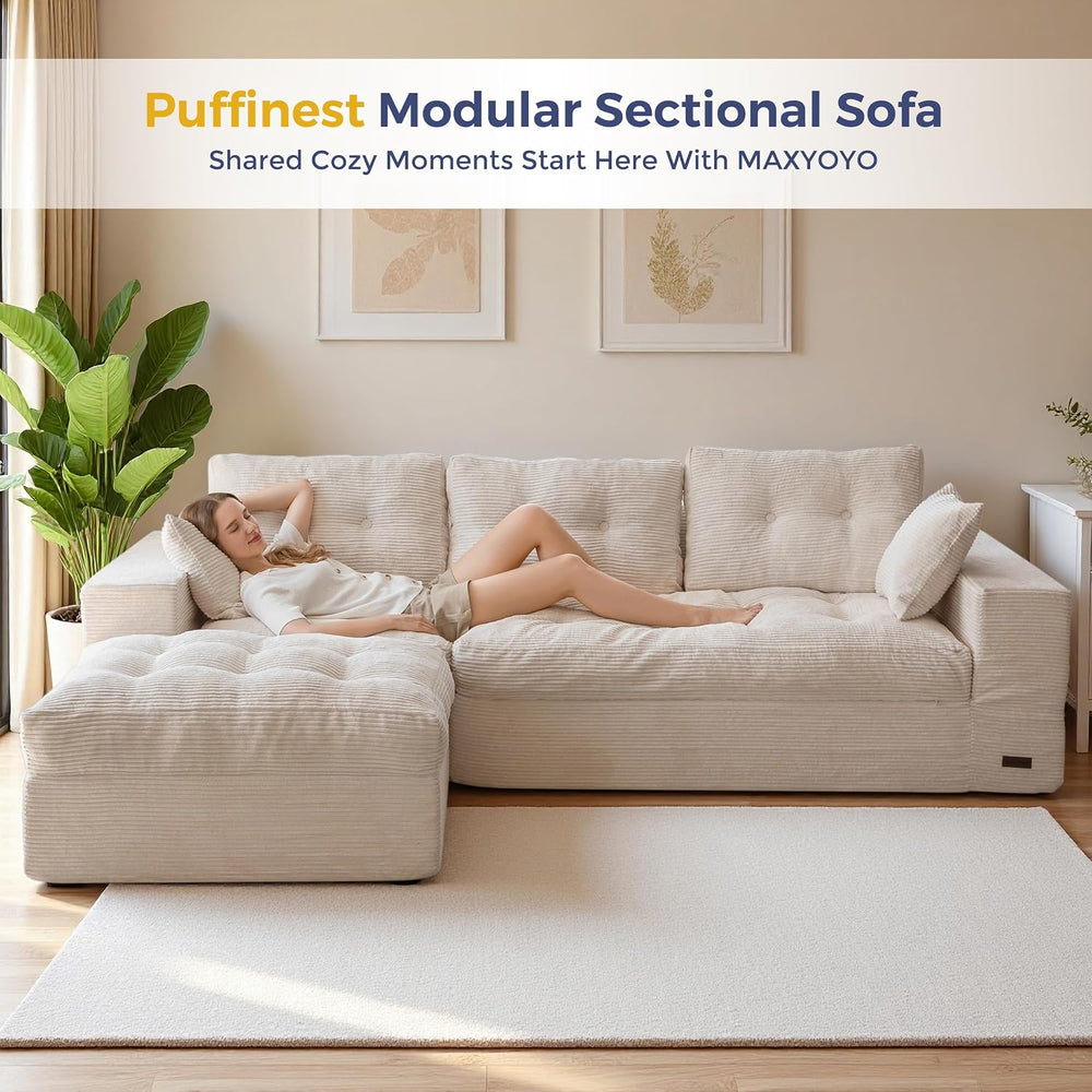 MAXYOYO Couch, 96-Inch L-Shaped Cloud Couch with Ottoman | Beige Layered Cush...