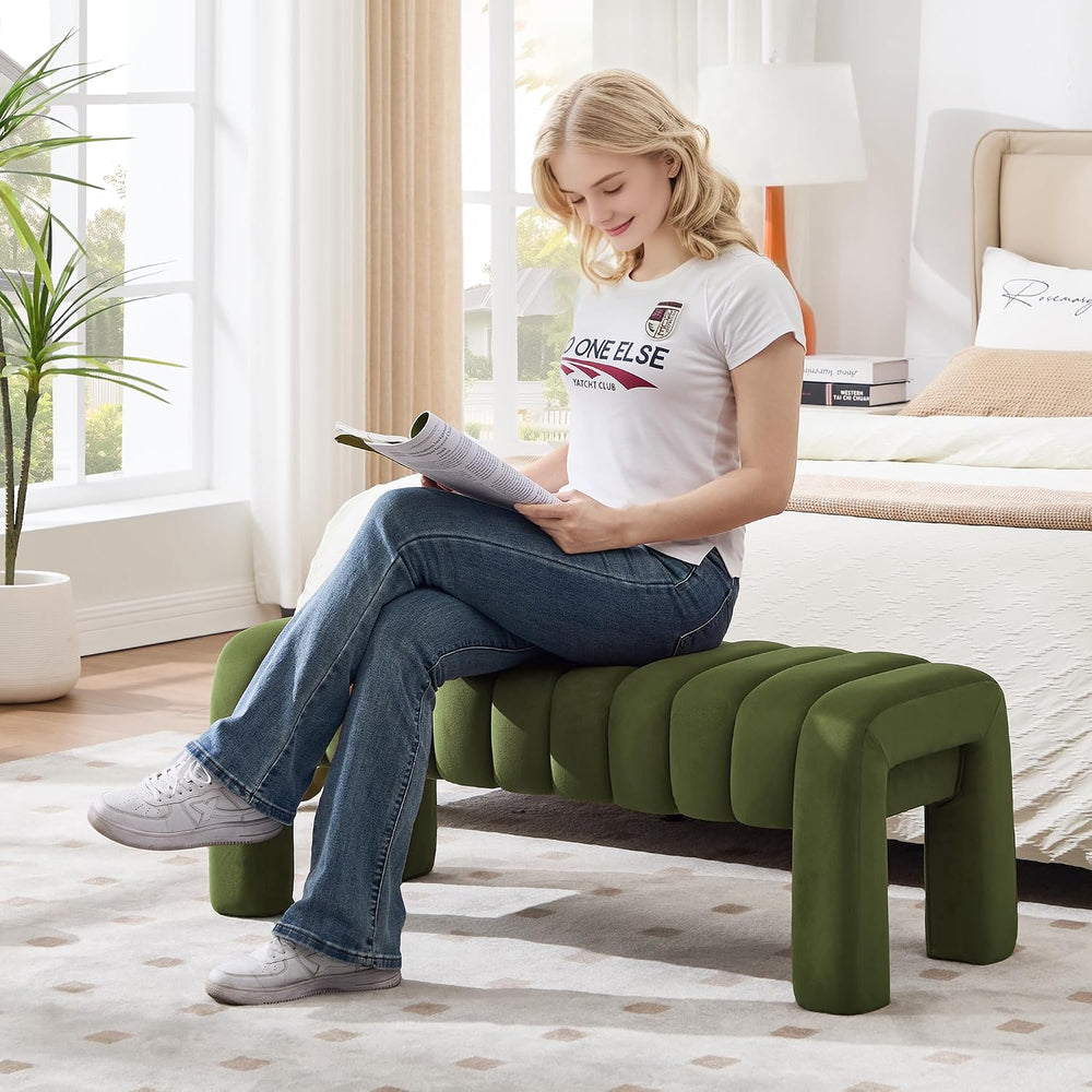 43.3” Dining Room Bench, Olive Green Tufted Upholstered End of Bed Bench, Mod...