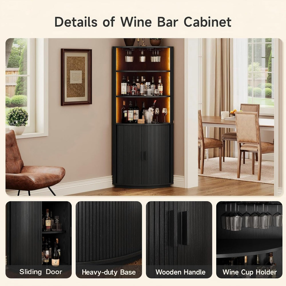 ONBRILL 72" Tall Corner Bar Cabinet with LED Light, Liquor Cabinets, Black