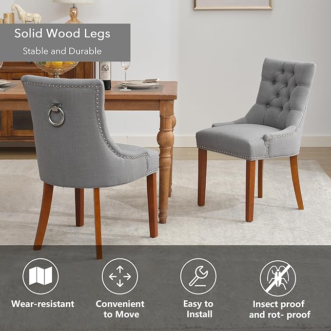 Upholstered Dining Chairs with Arms, Set of 2, Dining Room Chairs with Solid Wood Legs and Tufted Backrest(Linen+Grey)