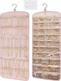 BAGSMART Hanging Jewelry Organizer, Necklace Holder Anti-tangle Earrings Rings Hanger with 20 Jewelry Bags Travel Storage Roll with Pockets Hang on Closet, Wall, Door,1 Piece, Large Pink