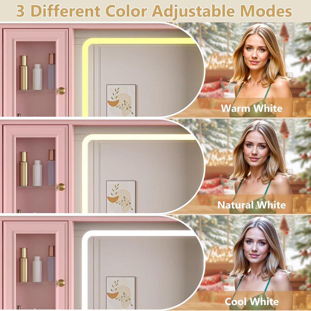 HUANLEGO Farmhouse Makeup Vanity Desk with Mirror and LED Lights, Pink | Vani...