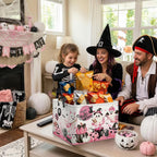 Clastyle Pink Halloween Spooky Basket Stuffers Nursery Kid Room Spide Bat Ghost Pumpkin Boo Basket Clothes Book Toy Storage Bin Box for Shelves, Cauldron, 40 * 30 * 30 cm