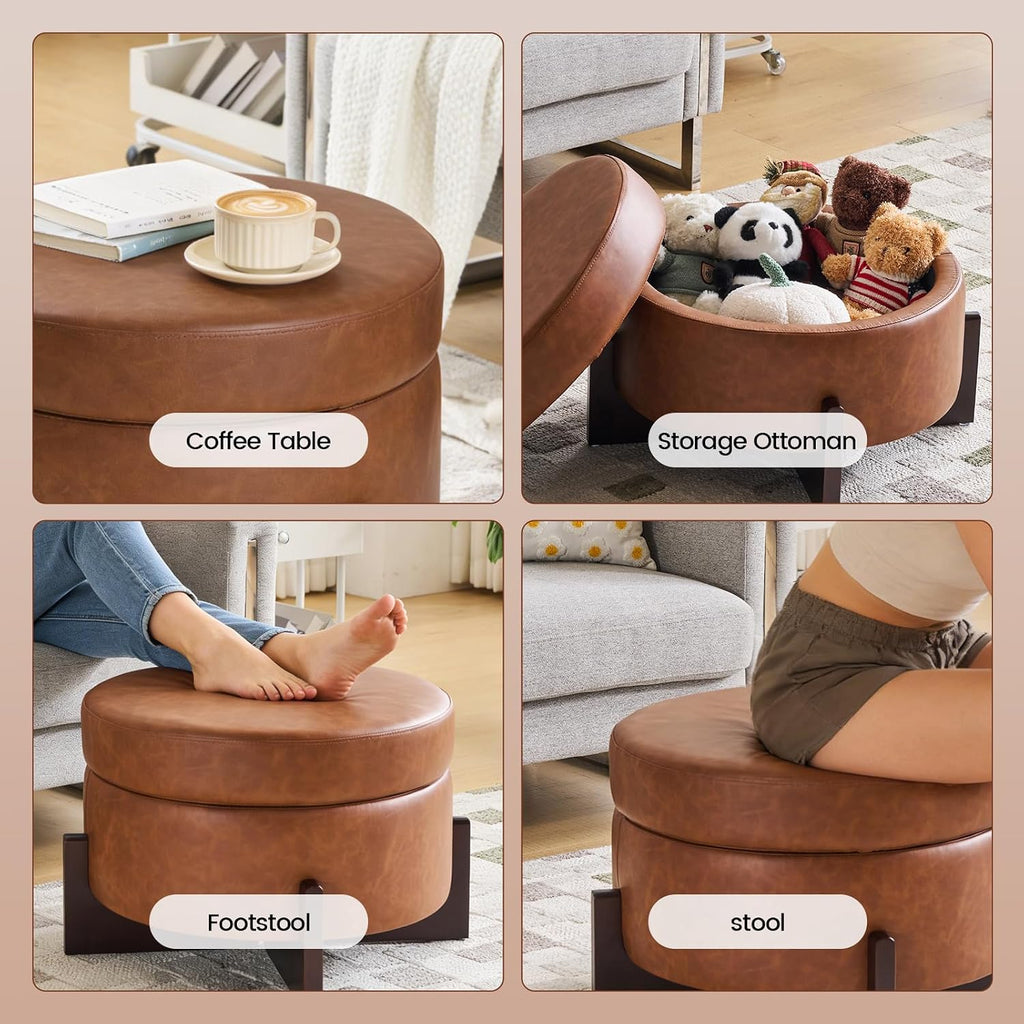 26Inch Round Storage Ottoman, Modern Faux Leather Ottoman Coffee Table with Removable Top, Upholstered Ottoman with Storage, Footrest Stool for Living Room, Bedroom (Light Brown)