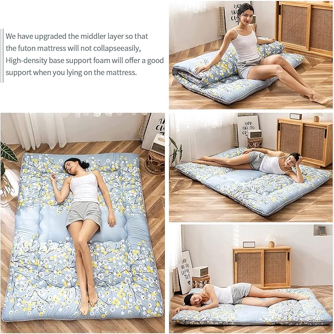 MAXYOYO Japanese Floor Mattress Futon Mattress, 4" Thicken Tatami Mat Sleeping Pad Foldable Roll Up Mat Boys Girls Dormitory Pad Kids Floor Lounger Pillow Bed, Charcoal Grey, Queen Size