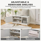 Shoe Bench, Entryway Storage Bench with 2 Doors, Shoe Rack Adjustable Shelves, Shoe Cabinet with Storage, 31.5" W x 13.8" D x 18.1" H for Entryway, Living Room, Hallway, Mudroom, Bedroom, White
