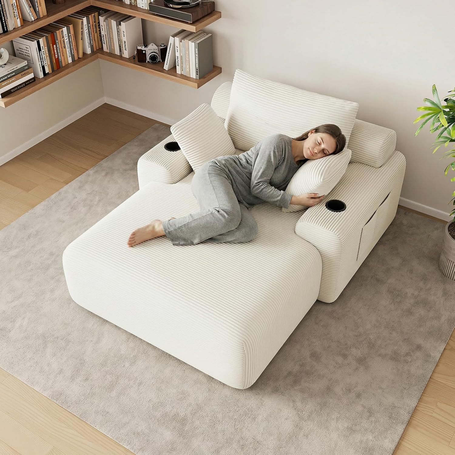 69” Oversized Chaise Lounge Chair Indoor, Modern Boneless Chaise Lounge Reading Chairs with 4 Side Pockets and 2 Cup Holders, Comfy Corduroy Sleeper Sofa Bed for Living Room Bedroom, Warm White