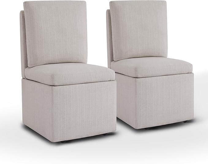 Upholstered Dining Chairs with Casters, Modern Dining Room Chairs Set of 2 with Hidden Storage & 4 Wheels, Single Sofa Chair for Kitchen, Reading Room, Waiting Room, Linen
