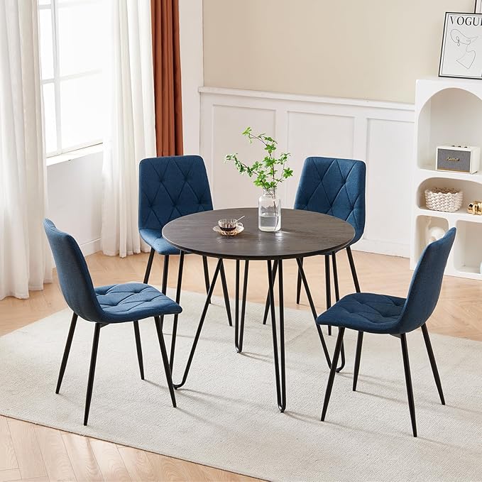 Btrpily 4 Set of Dining Chairs, Metal Frame Dining Chair for Kitchen Room,Technology Cloth Seat Chair for Living Room, Bedroom(Blue)