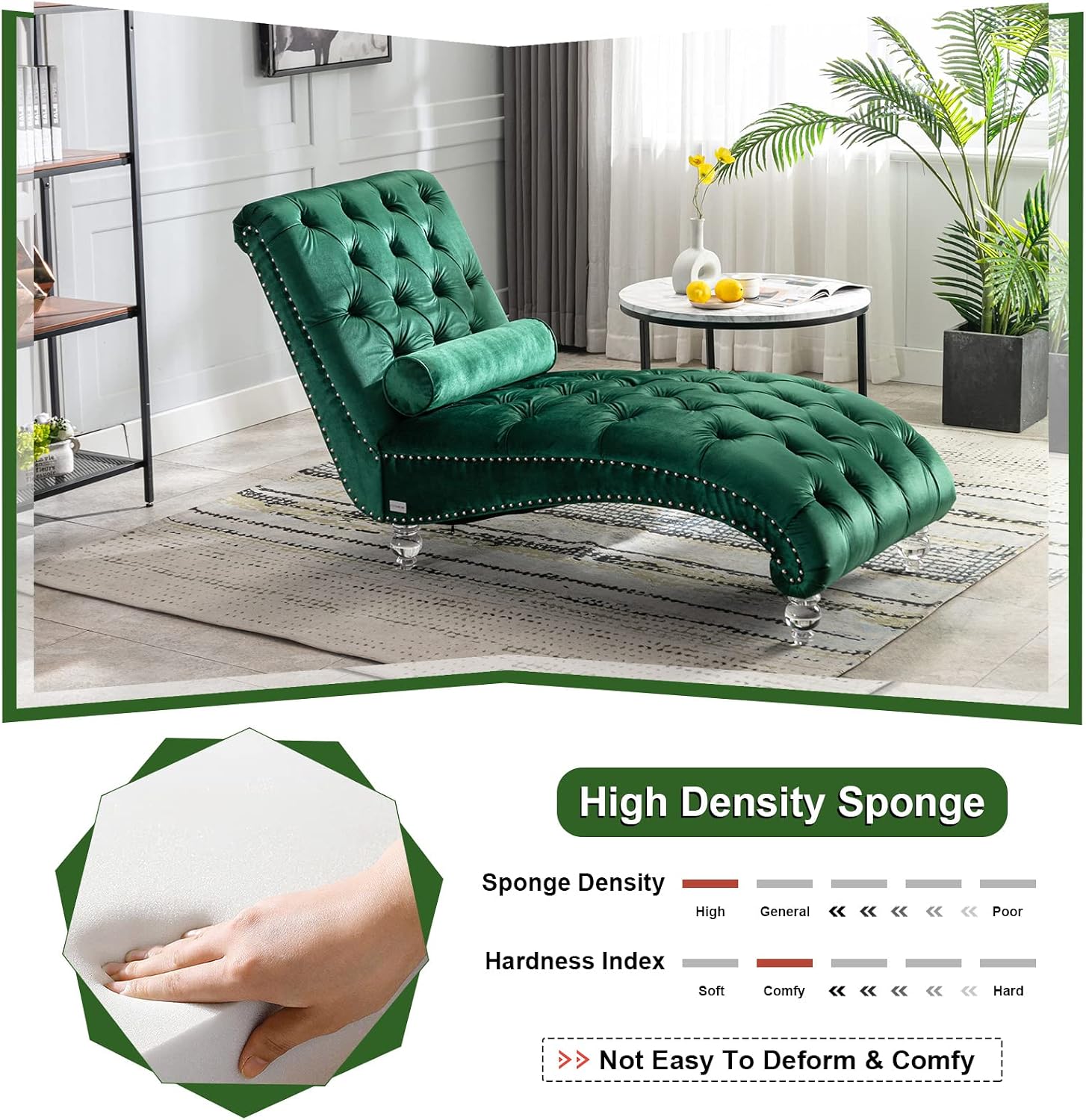 Velvet Chaise Lounge Chair with Toss Pillow, Modern Tufted Button Lounge Chair with Acrylic Legs, Upholstered Indoor Sleeper Chair for Living Room, Bedroom, Emerald Green