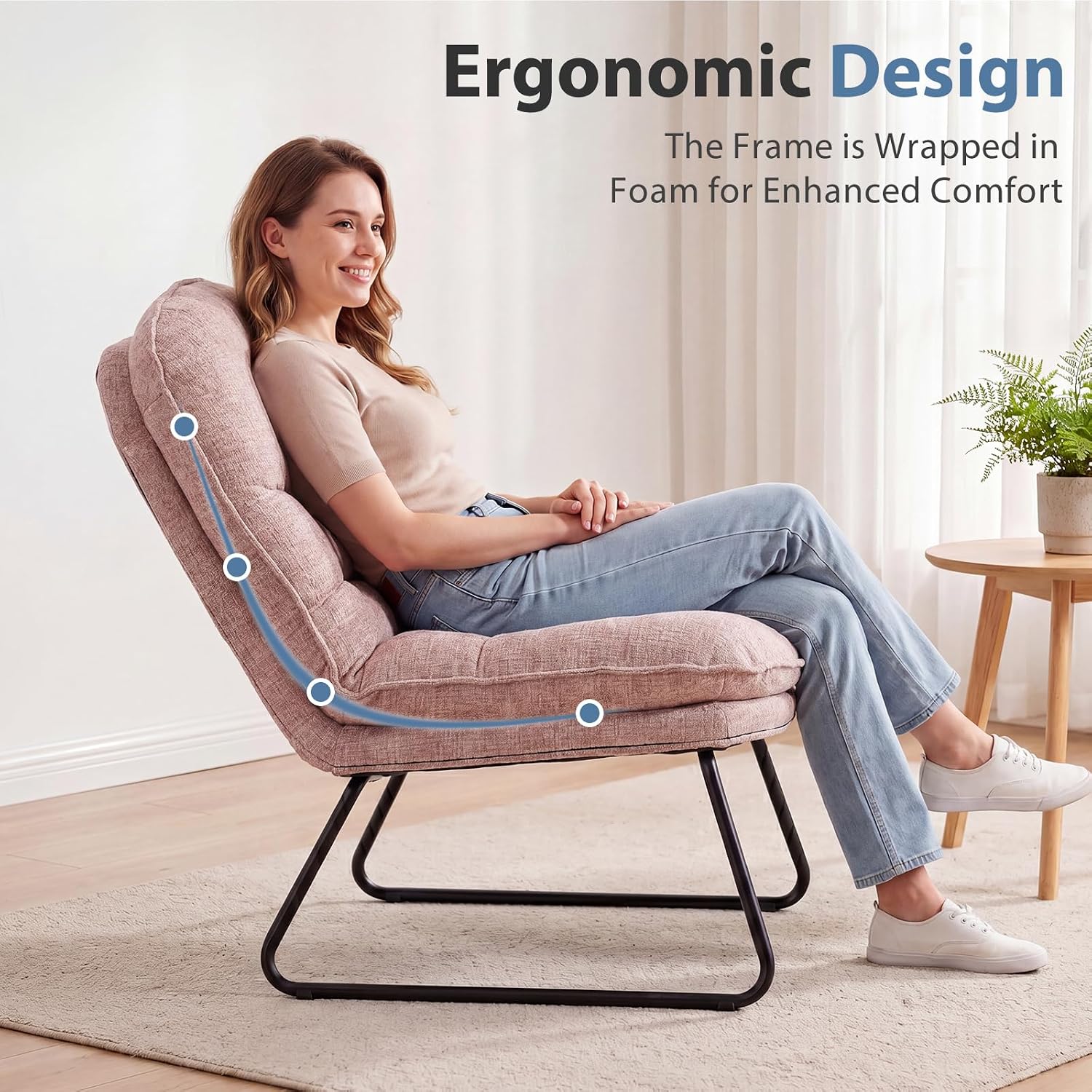 DUMOS Comfy Saucer Chair, Small Foldable Floor Chair, Fabric | Adjustable Back Support, Bedroom, Living Room, Dorm Gaming, Small Spaces Apartment, Adults, Dark Pink