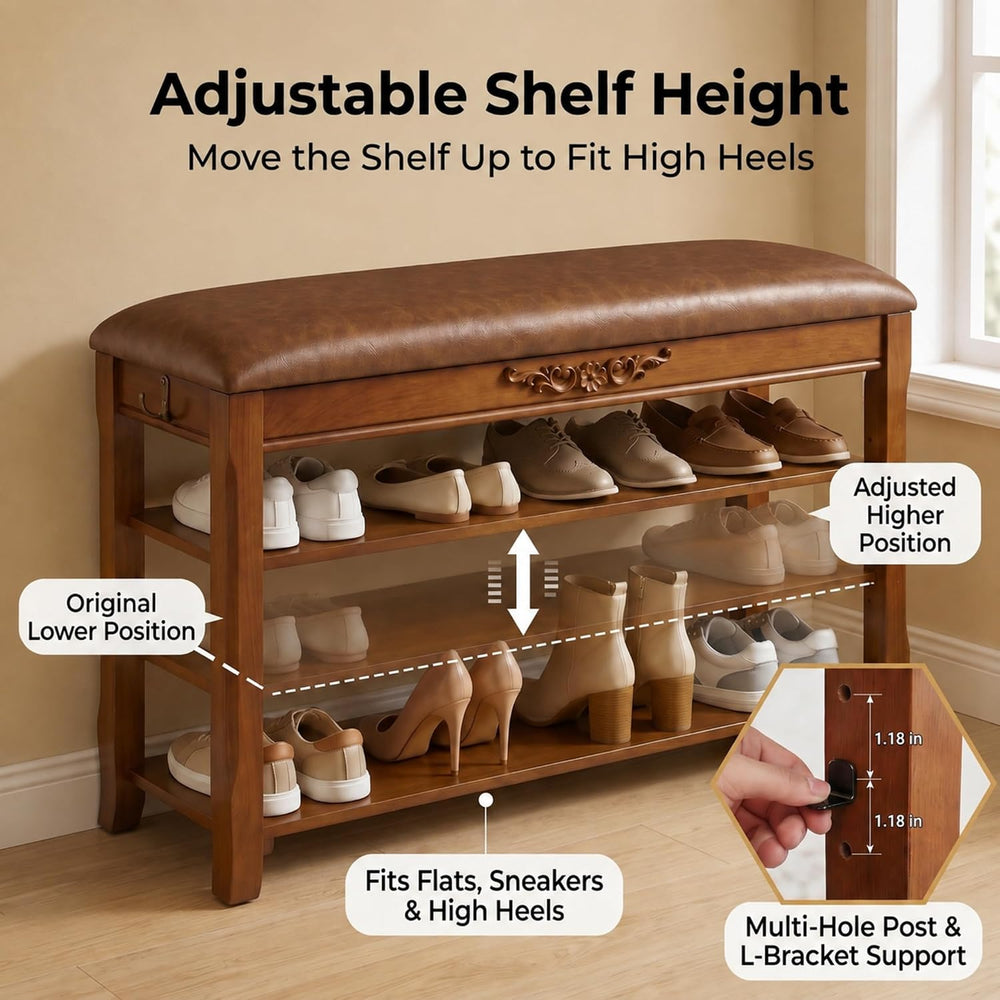 Shoe Rack Bench Entryway Storage with Leather Cushion, 39.4"