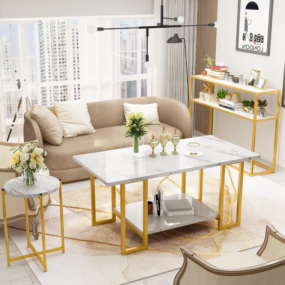 AWQM 3pcs Living Room Table Set, Faux Marble White Coffee Table & 3-Tier ...