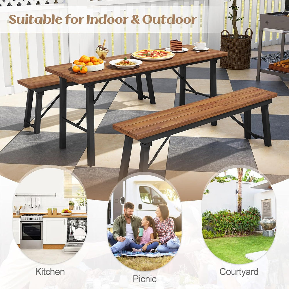Tangkula Outdoor Dining Table With Benches for 4-6 Persons, No Assembly Folda...
