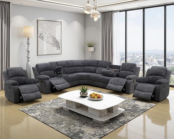 Manual Recliner Sectional Sofa Set, Corduroy L-Shaped Living Room Furniture Sets, Reclining Sectional Corner Couch and 2 Reclining Chairs Set for Home Office (Dark Grey, Sectional + 2 Chairs)
