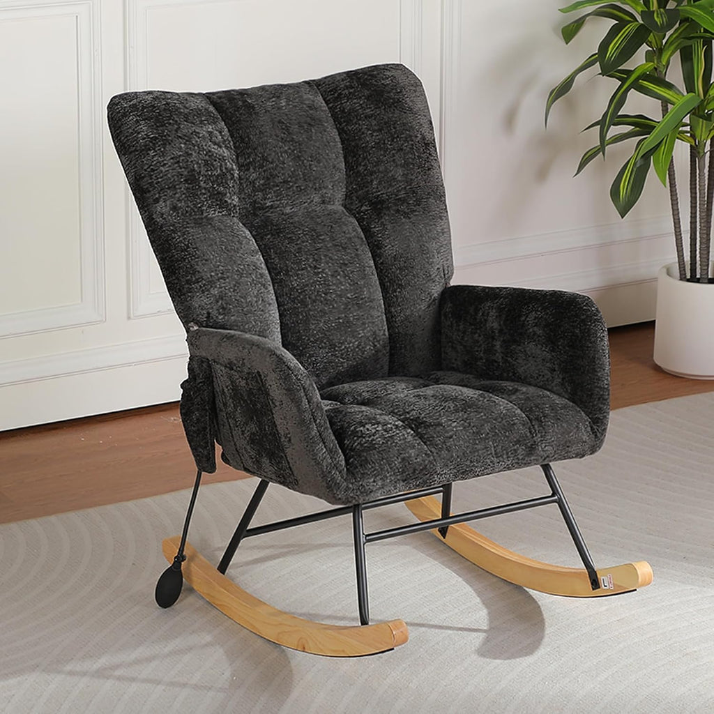 Rocking Chair Nursery with Airbag, Comfy Modern Nursery Rocking Reading Chair Indoor, Cozy Upholstered Glider Rocker Chairs with High Backrest for Living Room Bedroom Offices(Chenille, Black)