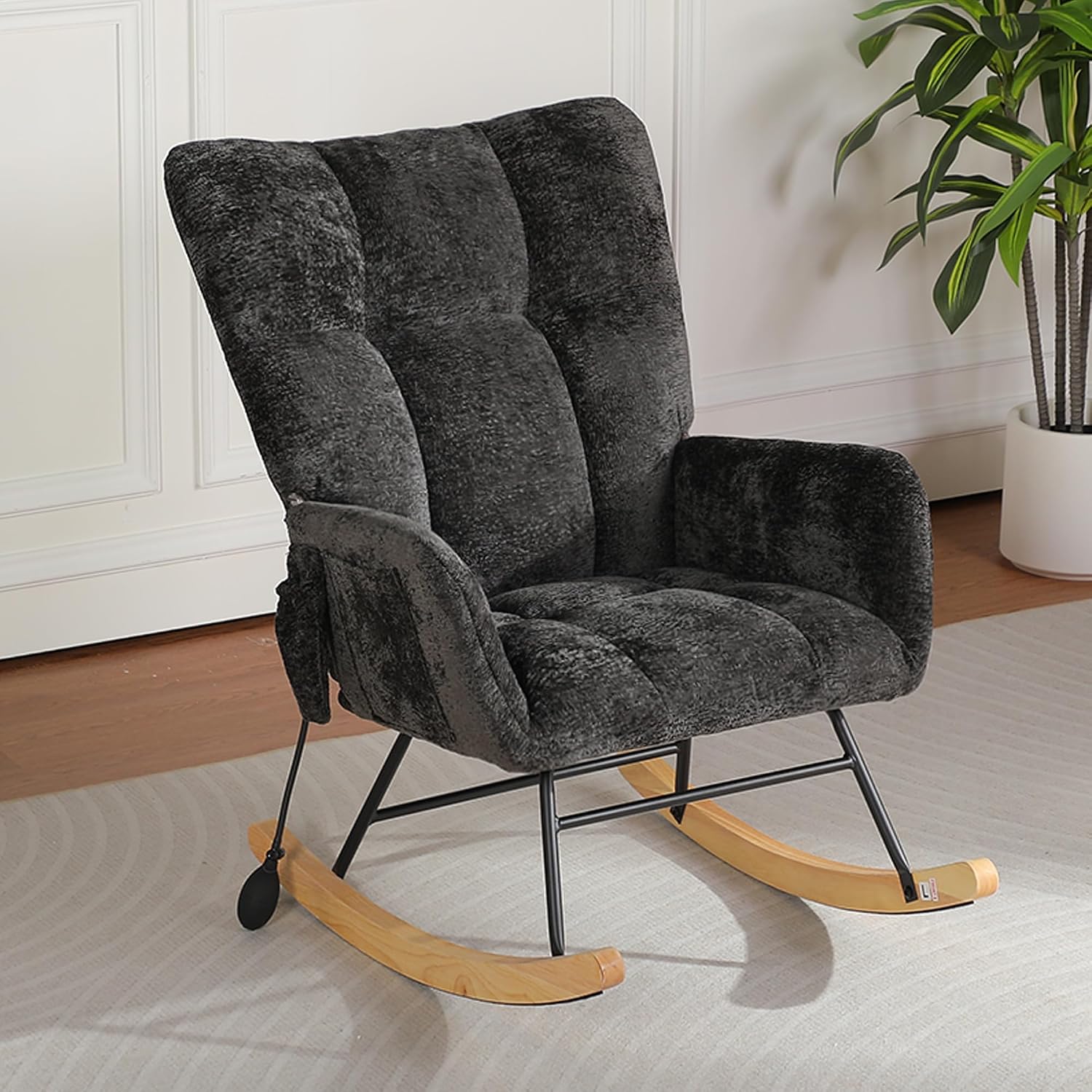 Rocking Chair Nursery with Airbag, Comfy Modern Nursery Rocking Reading Chair Indoor, Cozy Upholstered Glider Rocker Chairs with High Backrest for Living Room Bedroom Offices(Chenille, Black)