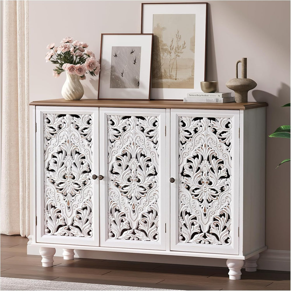 JOINICE Accent Cabinet with 3 Carved Doors,Farmhouse Buffet Cabinet with Stor...