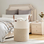 VIPOSCO Tall Laundry Basket, Large Dirty Clothes Hamper with Leather Handle, Woven Rope Storage Basket for Blanket, Toy In Living Room, Bathroom, Bedroom - 100L White & Brown