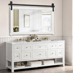 Bathroom Barn Door Mirror: 42"x28" White Farmhouse Wood Frame - Rustic Wall Mirror for Entryway/Living Room Wall Decor
