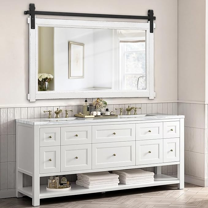 Bathroom Barn Door Mirror: 42"x28" White Farmhouse Wood Frame - Rustic Wall Mirror for Entryway/Living Room Wall Decor