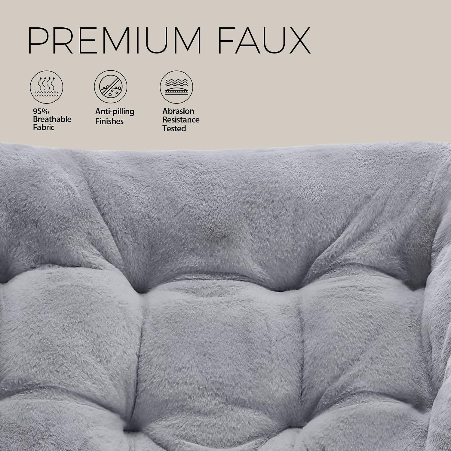 Walsham Folding Comfy Chair with Ottoman, Faux Fur Soft Cozy Lounge Reading Papasan Chair with Footrest for Adults Kids Bedroom Living Room Dorms Small Space, Gray