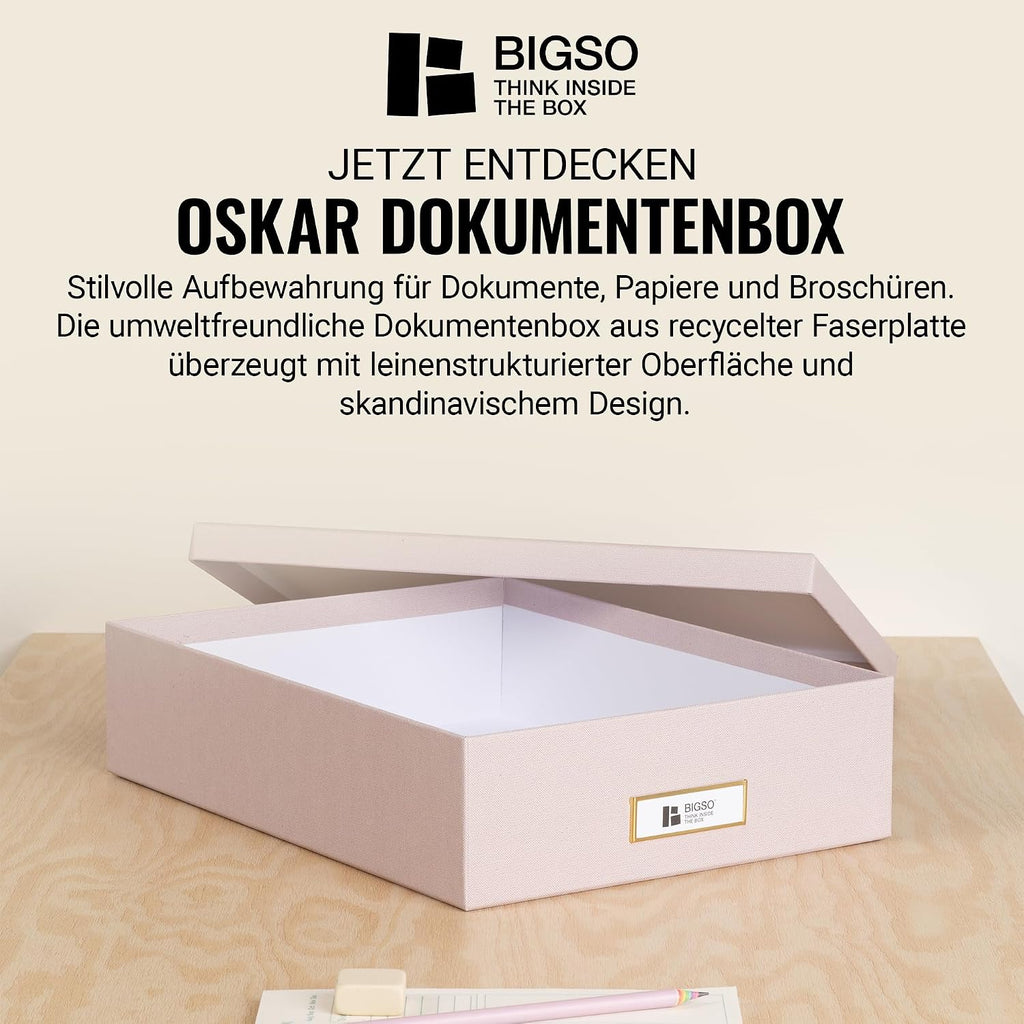 BIGSO OSKAR A4 Document Box - Storage Box with Lid and Handle - Desk Tray for Paper, Brochures & Documents - Shelf Storage Box Made of Fibreboard and Paper - Pink
