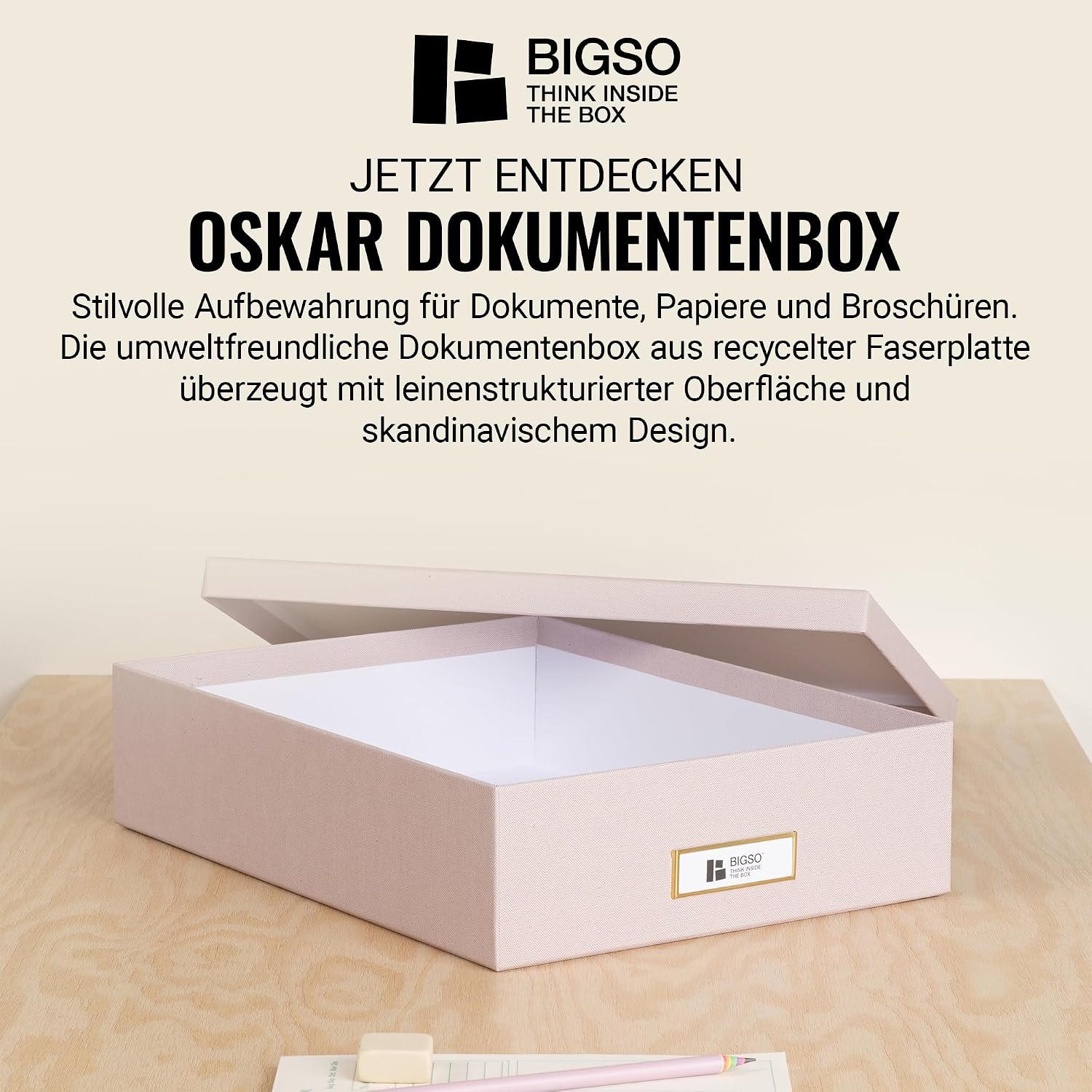 BIGSO OSKAR A4 Document Box - Storage Box with Lid and Handle - Desk Tray for Paper, Brochures & Documents - Shelf Storage Box Made of Fibreboard and Paper - Pink