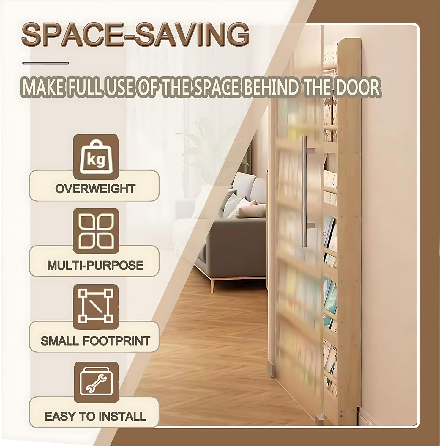 Behind The Door Bookshelf, 6-Tier Wooden Bookcases with Open Display Shelves, Behind The Door Storage Organizer for Toys and Books, Space-Saving Wall Mount Narrow Book Shelf