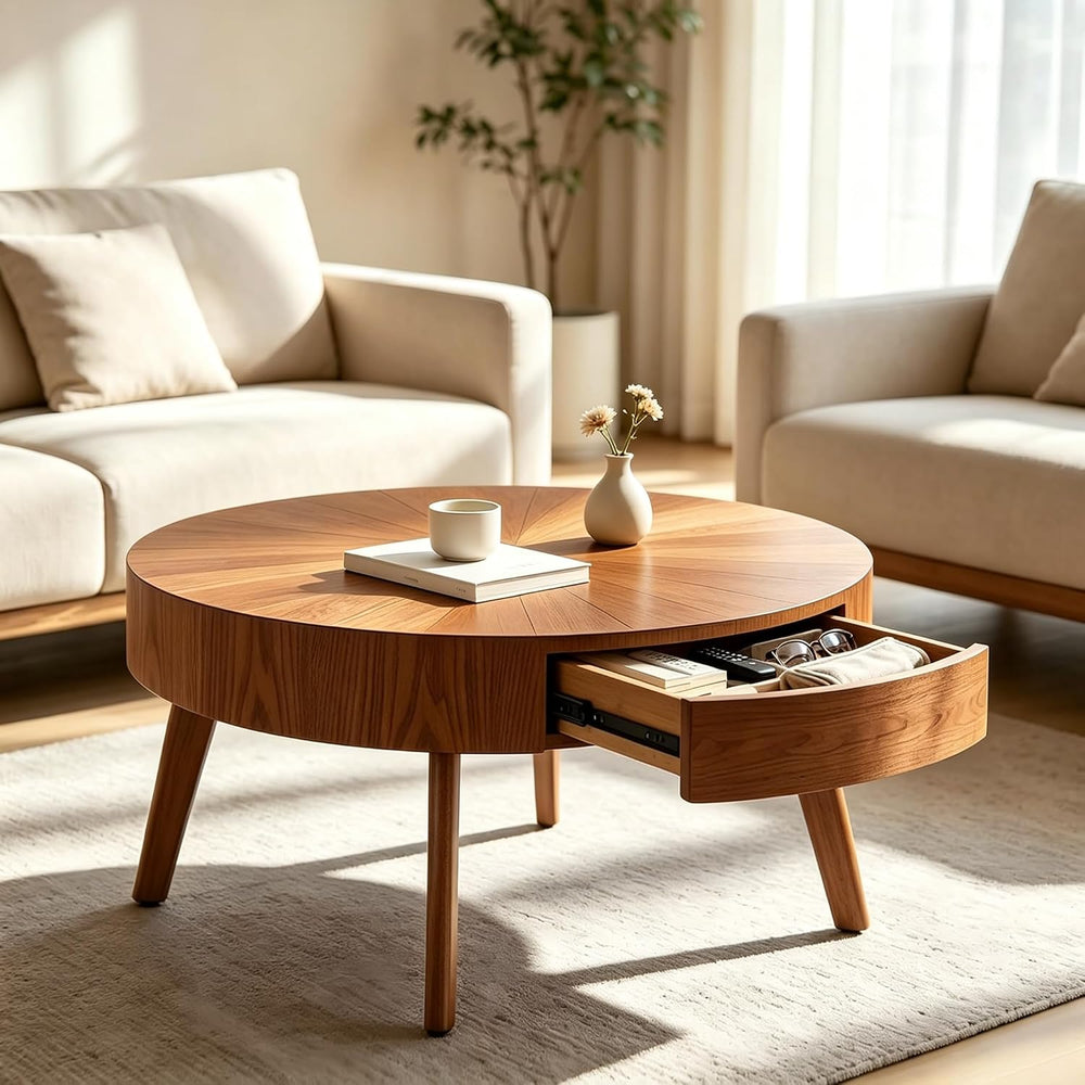 Round Wood Coffee Table for Living Room, Modern Farmhouse Table with Drawer, ...