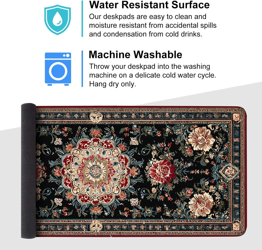 Vintage Persian Carpet Mouse Pad – Large Extended Desk Mat 35.43 x 15.75 in – Oriental Floral Rug Design, Non-Slip Rubber Base, Stitched Edges, Soft Keyboard & Mouse Mat for Office or Gaming