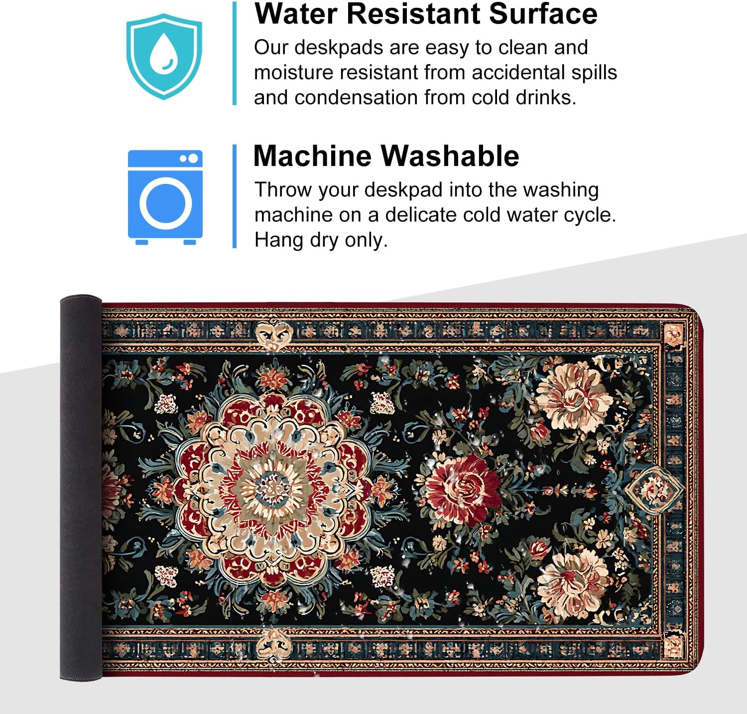 Vintage Persian Carpet Mouse Pad – Large Extended Desk Mat 35.43 x 15.75 in – Oriental Floral Rug Design, Non-Slip Rubber Base, Stitched Edges, Soft Keyboard & Mouse Mat for Office or Gaming