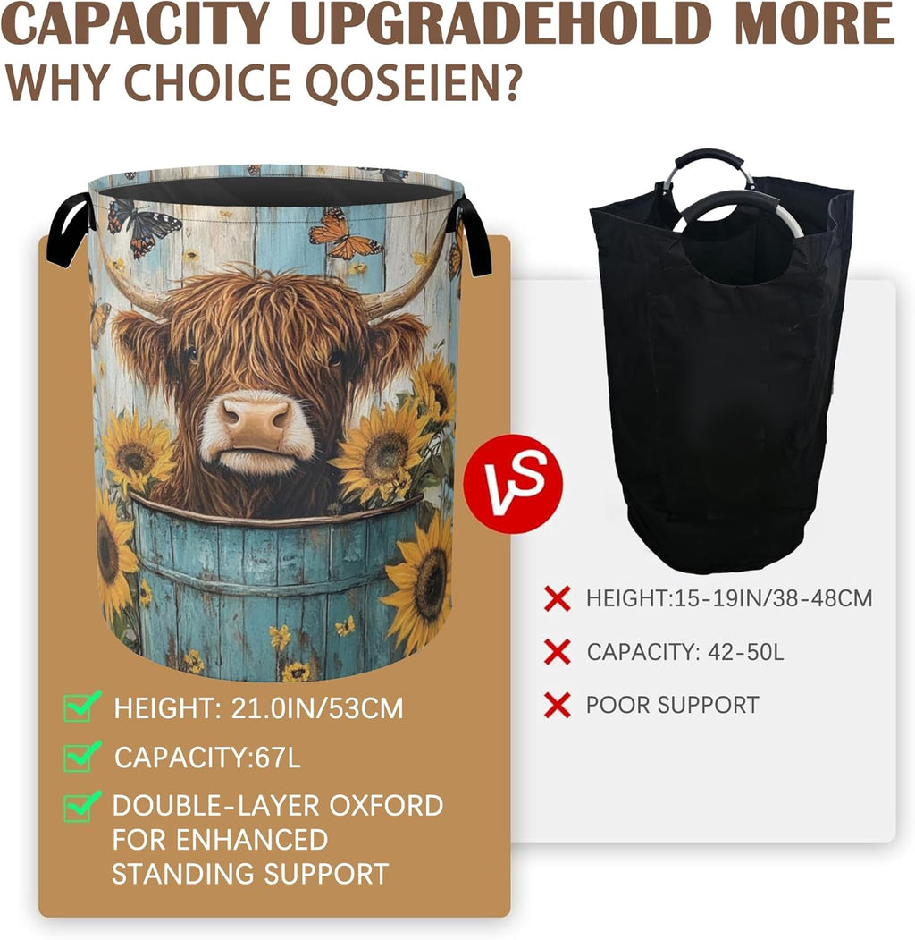 Large Laundry Basket,Highland Cow Collapsible Laundry Baskets,Sunflower Butterfly Waterproof Oxford Hamper with Handles for Bathroom Bedroom Nursery Home Storage 16"x20"