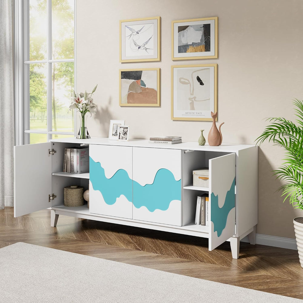 Anbuy Modern 4 Door Sideboard Buffet Cabinet with Storage Blue Water Stream D...
