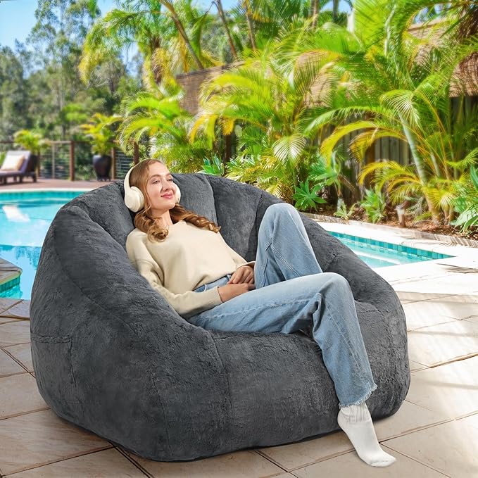 Giant Bean Bag Chair for Adults and Kids, BeanBag Couch Filler with Memory Foam, Ergonomic Faux Fur Shell-Shaped Boneless Chair and Reading Living Room, Bedroom, Grey