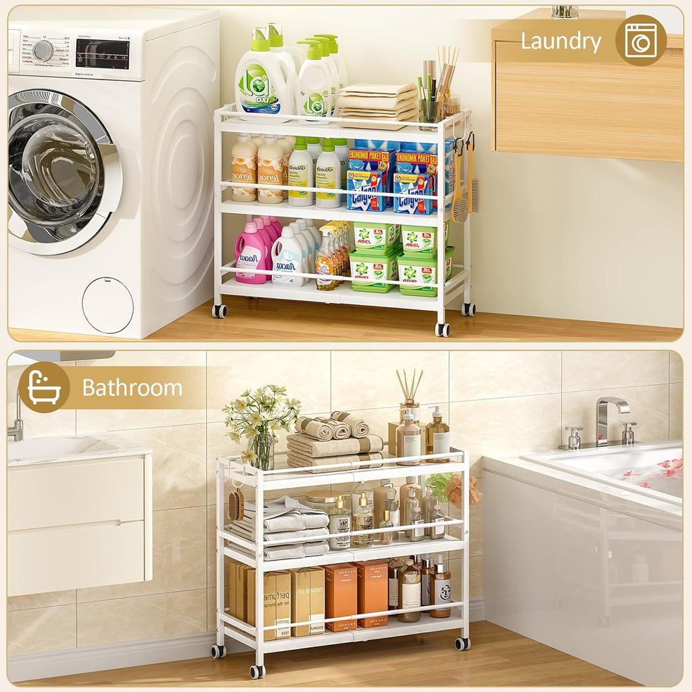 3-Tier Expandable Rolling Pantry Organizers and Storage Cart with Wheels, Adj...