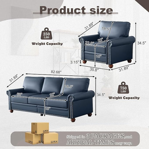 2 Piece Faux Leather Sofa Set,Modern Chair and Couch Sets with Storage,Mid Century Couch with Rivet Rolled Arm,Comfy Deep Seat Sofa,Furniture for Living Room,Office(Armchair+3 Seater,Navy Blue)