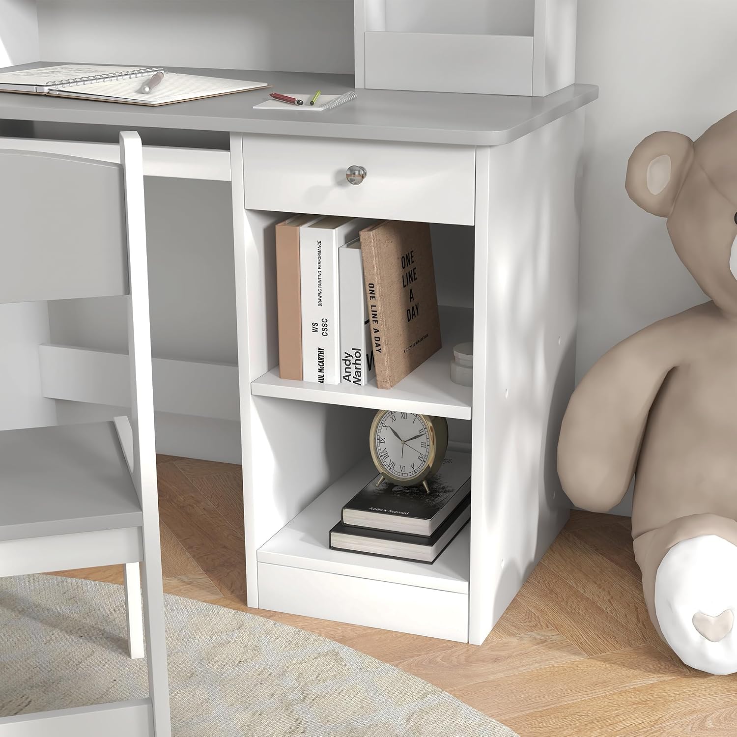 Qaba Kids Desk and Chair Set with Storage, Study Desk with Chair for Children 5-8 Years Old, Gray