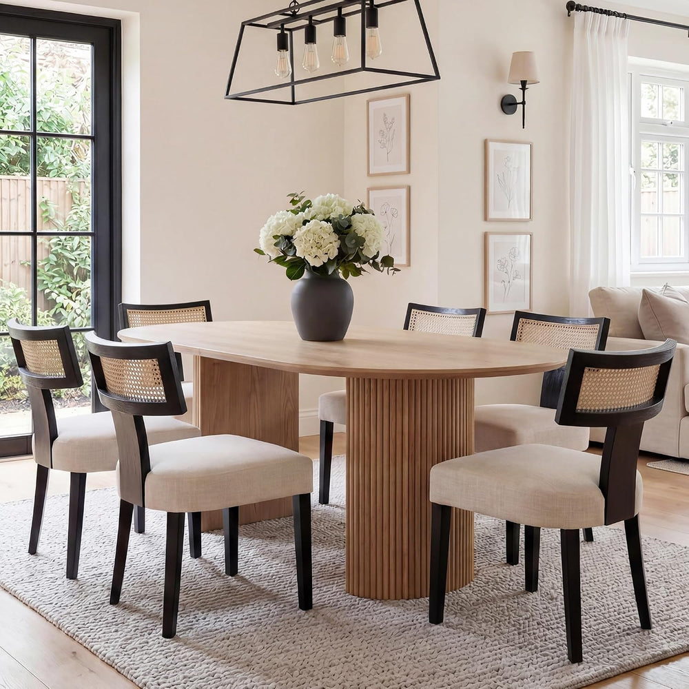 HNY Mid Century Modern Rattan Dining Chairs Set of 6, Farmhouse Linen Upholst...