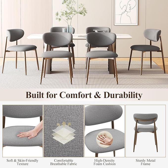 Dining Chairs Set of 6, Upholstered Dining Room Chairs with Metal Legs and Anti Slip Pads, Curved Back Kitchen Chair for Home and Restaurant Use, Light Grey