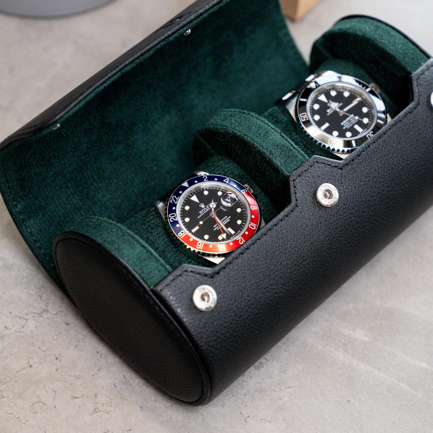 DailyWatch | Personalized Watch Roll Travel Case For 2 Watches - Handmade Genuine Leather Travel Case With Custom Engraving of Name or Initials - Black Green