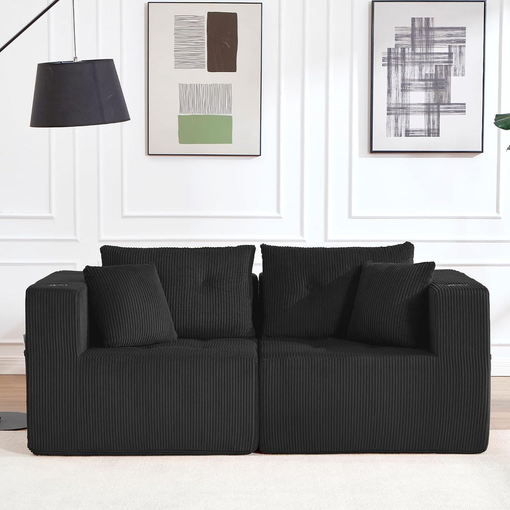 73" Loveseat Modular Sectional Sofa, Oversized 2-Seater Boneless Tufted Cloud Couch with Cup Holder, Corduroy Upholstery Small Couches for Living Room, No Assembly Black