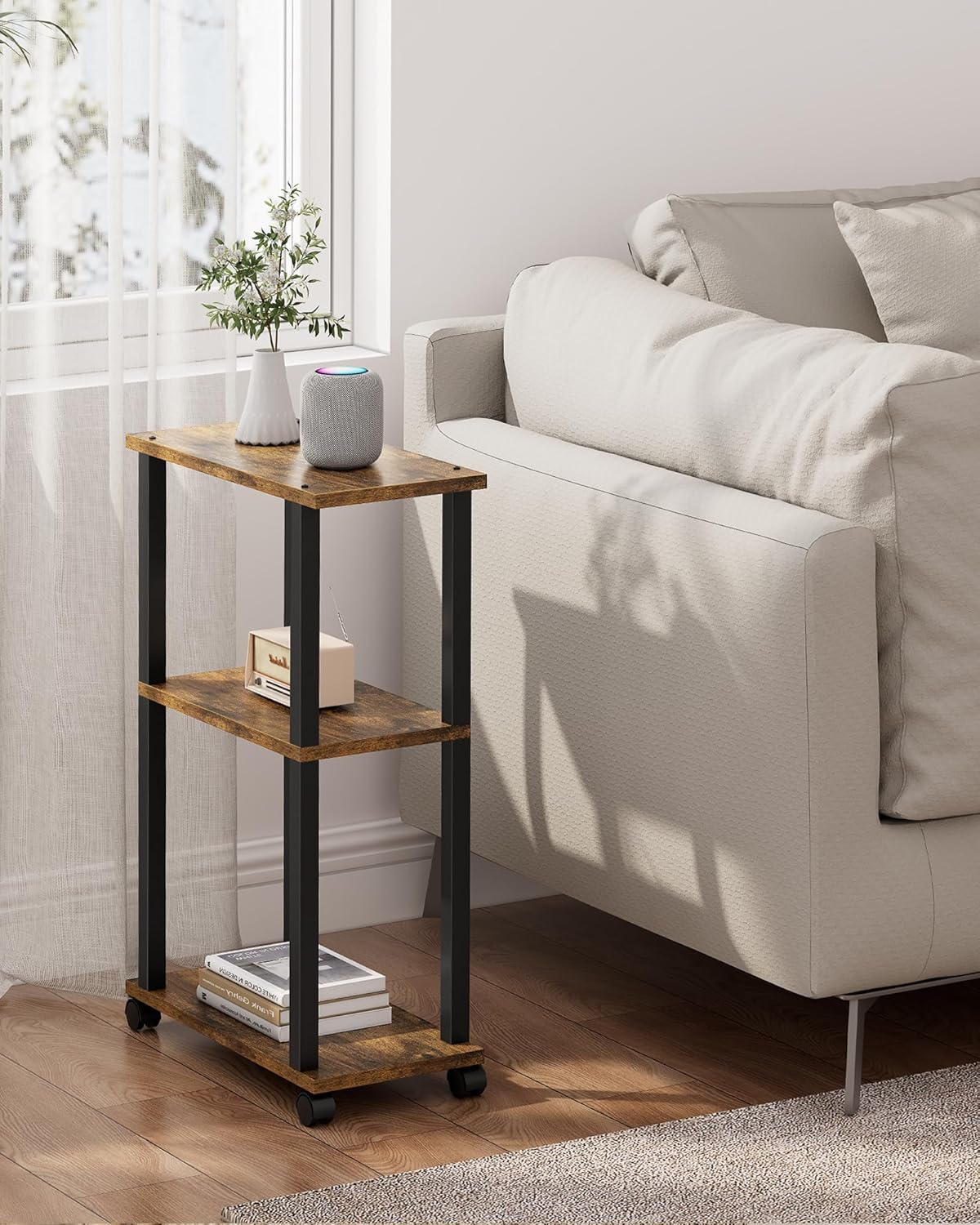 TUTOTAK Small Side Table, Narrow End Table, Bedside Table, Couch Side Table with Wheels for Living Room or Bedroom, Brown TB01BB061