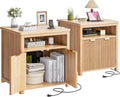 Fluted Nightstands Set of 2 with Charging Stations, 23.6" Wide Natural Oak Nightstand with Storage Drawers, Side Tables, Modern Farmhouse End Tables for Bedroom, Natural Oak